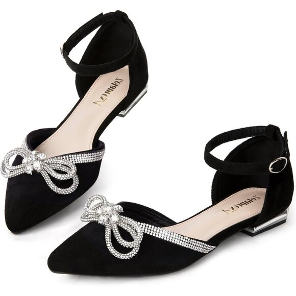 🆕Women Black Suede Rhinestone Pointed Toe Bowknot Ballet Flats Comfort Dressy - Picture 1 of 8
